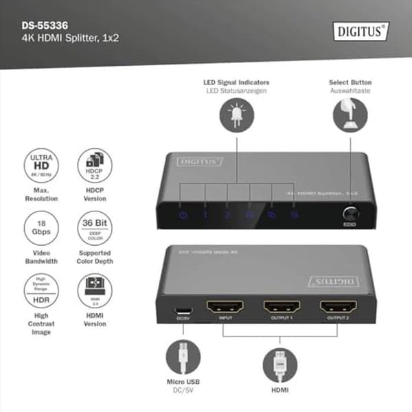 HDMI splitter 1x2 - DIGITUS - DS-55336 - UHD 4K/60 Hz - HDCP 2.2 - HDR, Deep Color
