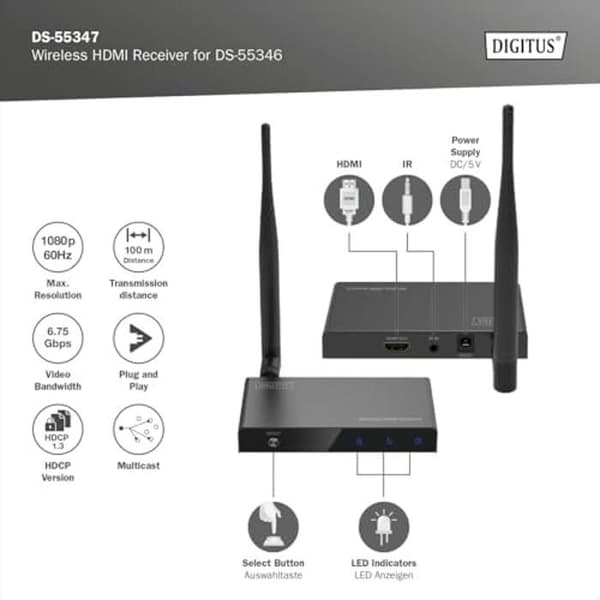 Trådlös HDMI-förlängare - DIGITUS - DS-55347 - Full HD 1080p - Räckvidd 100 m - 1:4 splitter