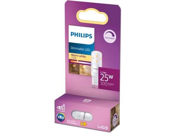 Philips LED - LED-glödlampa - form: kapsyl - glaserad finish - G9 - 2.7 W (motsvarande 25 W) - klass E - varmt vitt ljus - 2700 K