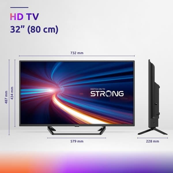 STRONG - TV HD 32" (80 cm) SRT32HF2003C - 3 inbyggda tuners - 2 HDMI-portar (1 ARC) + USB + Mini-AV + Antenn-/Satellitkontakt - Svart