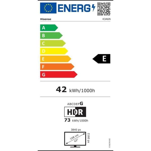 LED-TV - HISENSE - 43A6N - 43'' (108 cm) - 4K UHD 3840x2160 - 60Hz - HDR 10+ - Smart TV - 3 x HDMI