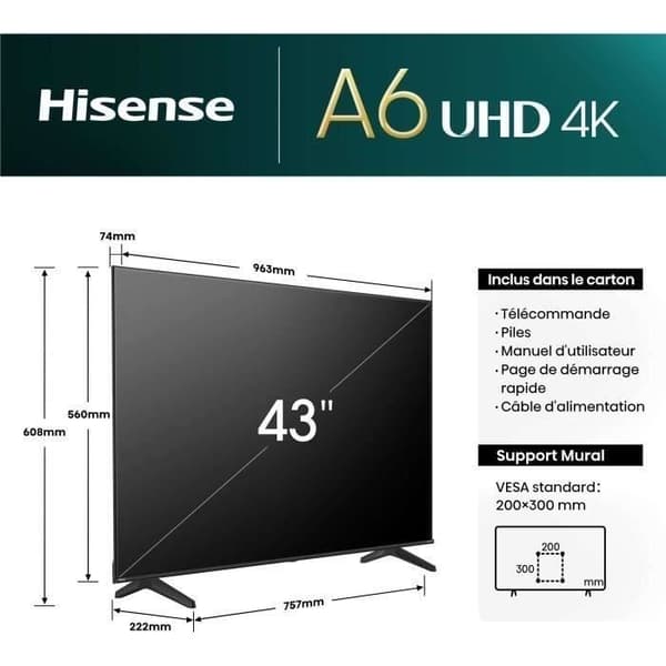 LED-TV - HISENSE - 43A6N - 43'' (108 cm) - 4K UHD 3840x2160 - 60Hz - HDR 10+ - Smart TV - 3 x HDMI