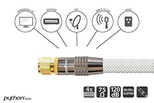SAT-antennekabel, F-stik til F-stik, forgyldt, afskærmning 120dB, 75 Ohm, hvid nylonfletning, 2m, PYTHON®-serien (GC-M2023)