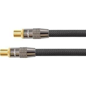 SAT-antennekabel, IEC/coax-stik til stikkontakt forgyldt, afskærmning 120 db, 75 Ohm, sort nylonfletning, 1m, PYTHON®-serien (GC-M2011)