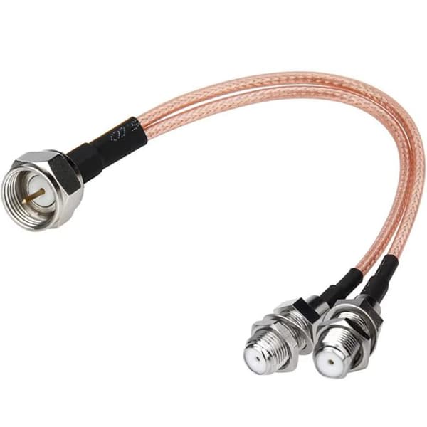 Koaxial splitter – F-hane till 2x F-hona, 15 cm RG316-kabel