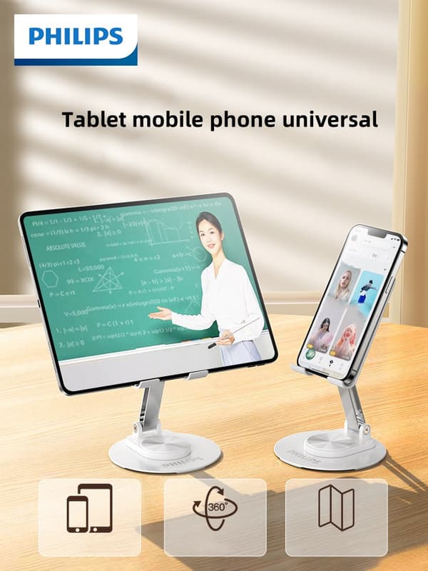 Philips DLK2311B/93 mobilholder til bord | 360° drejelig og højdejusterbar | Foldbart aluminiumsstativ til tablet og smartphone