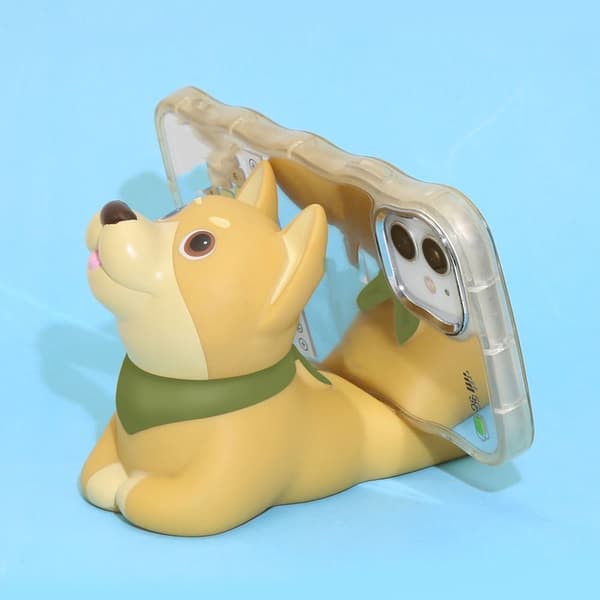 Sød Hundetelefon & Tabletholder (Sort + Gul) – Shiba & Husky Dekorativt Stativ i Miljøvenlig ABS