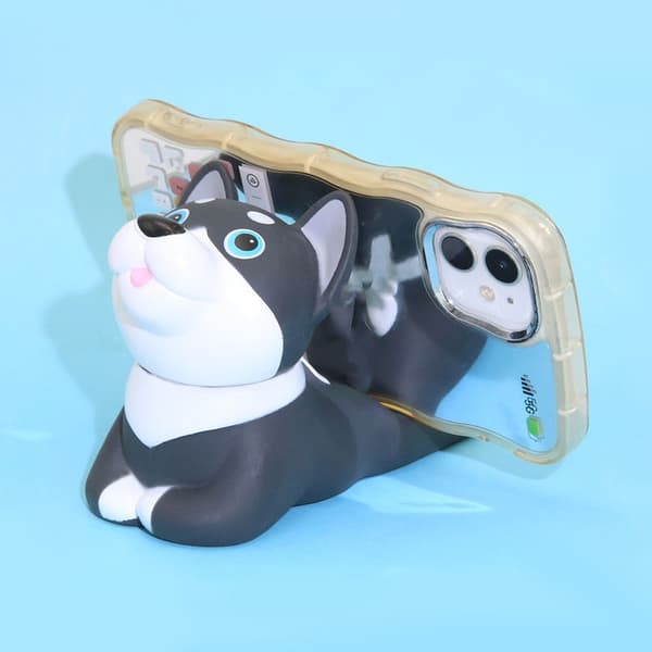 Sød Hundetelefon & Tabletholder (Sort + Gul) – Shiba & Husky Dekorativt Stativ i Miljøvenlig ABS