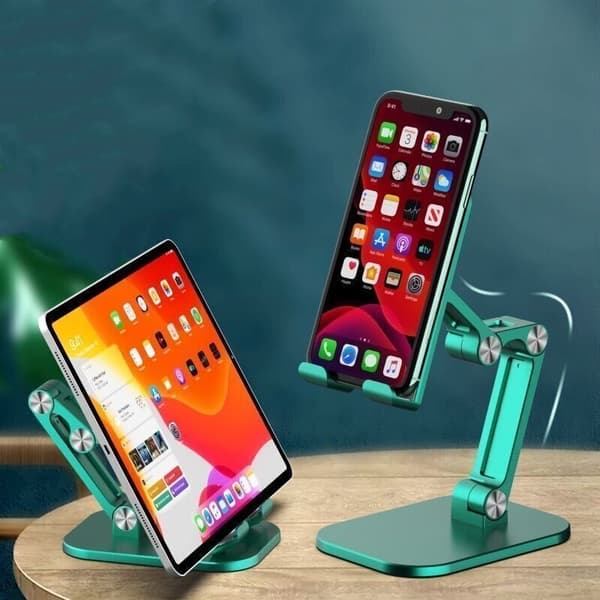 Mørkegrøn multifunktionel foldbar mobil- og tabletholder | Stabilt design med træfold | Justerbar bølge