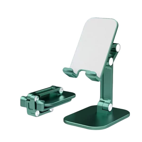 Mørkegrøn multifunktionel foldbar mobil- og tabletholder | Stabilt design med træfold | Justerbar bølge