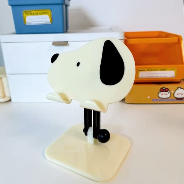 Kreativt Akryl Mobil- og Tabletstativ | Mælkehvidt design med sød hund | Justerbar højde og foldbar | INS-stil til video
