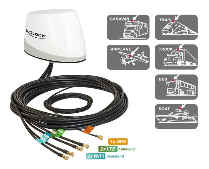 Delock Multiband Antenna GNSS LTE-MIMO, WLAN MIMO 5x RP-SMA
