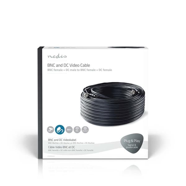Nedis CCTV Overvågningskabel | BNC / DC | 50.0 m | Runde | PVC | Sort | Gaveæske
