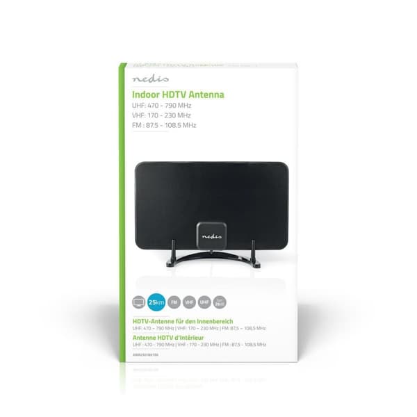 Nedis innendørs antenne | Aktiv | FM / UHF / VHF | Mottaksområde: 0-25 km | LTE700 | Forsterkning: 26 dB | ABS | Sort