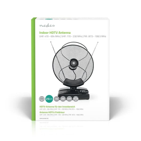 Nedis innendørs antenne | Aktiv | FM / UHF / VHF | Mottaksområde: 0-25 km | LTE700 | Forsterkning: 36 dB | Forsterkningskontroll | ABS | Sort