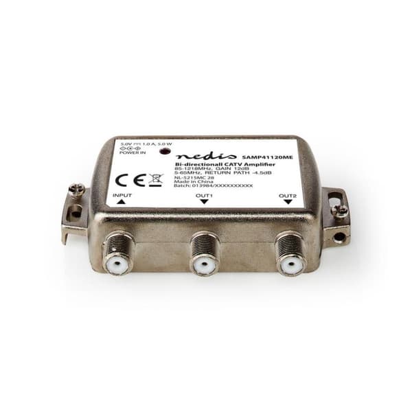 Nedis SAMP41120ME Catv vahvistin Max. 9 Db Vahvistus 85 - 1218 Mhz 2 lähtöä Paluukanava -4,5 Db 5 - 65 Mhz F