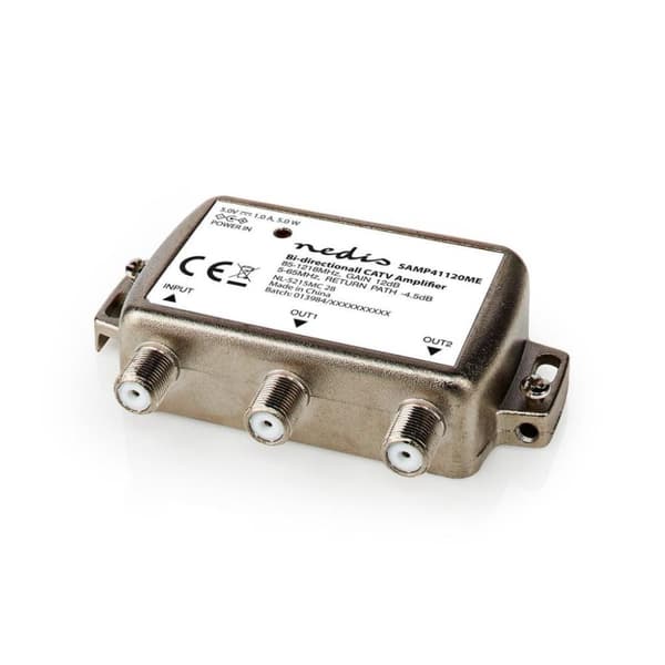 Nedis SAMP41120ME Catv vahvistin Max. 9 Db Vahvistus 85 - 1218 Mhz 2 lähtöä Paluukanava -4,5 Db 5 - 65 Mhz F