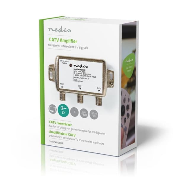 Nedis SAMP41120ME Catv vahvistin Max. 9 Db Vahvistus 85 - 1218 Mhz 2 lähtöä Paluukanava -4,5 Db 5 - 65 Mhz F