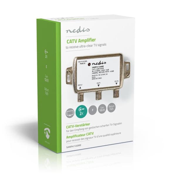 Nedis SAMP41120ME Catv vahvistin Max. 9 Db Vahvistus 85 - 1218 Mhz 2 lähtöä Paluukanava -4,5 Db 5 - 65 Mhz F