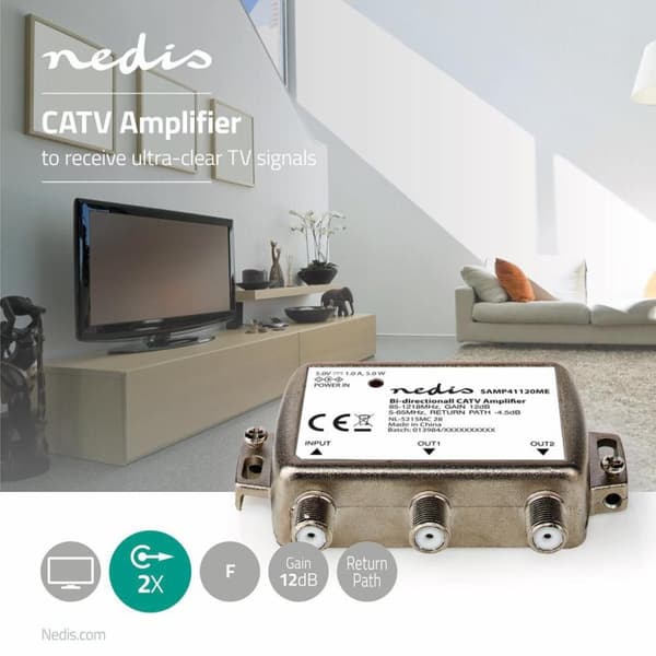 Nedis SAMP41120ME Catv vahvistin Max. 9 Db Vahvistus 85 - 1218 Mhz 2 lähtöä Paluukanava -4,5 Db 5 - 65 Mhz F