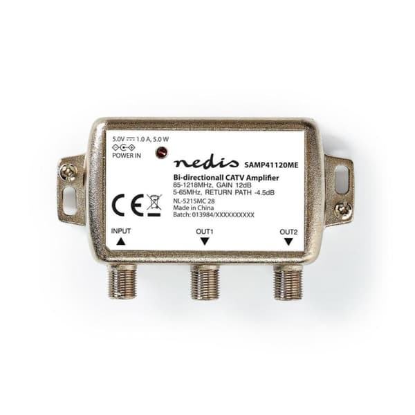 Nedis SAMP41120ME Catv vahvistin Max. 9 Db Vahvistus 85 - 1218 Mhz 2 lähtöä Paluukanava -4,5 Db 5 - 65 Mhz F