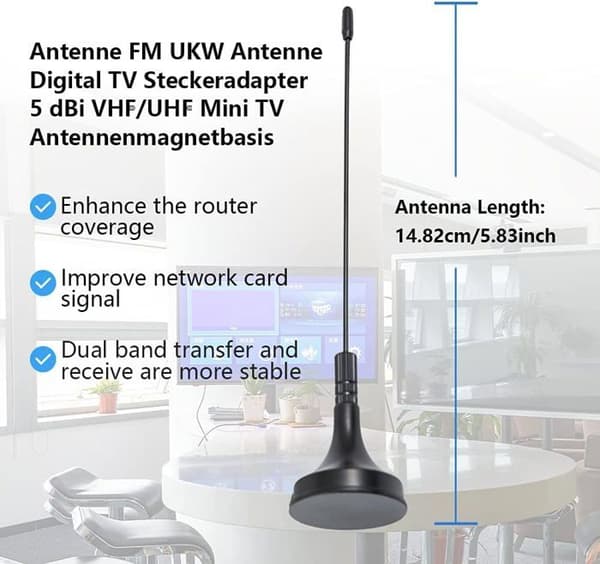 Antenna DVB-T HDTV för Smart TV Digital inomhus TV-antenn 5dBi med magnetisk bas TV-haneanslutning VHF UHF Mini TV 1.5m
