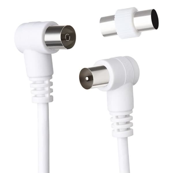 TV Coaxialkabel 9.52mm Böjd Hane/Hona 2m med Hane/Hane Power Adapter Vit