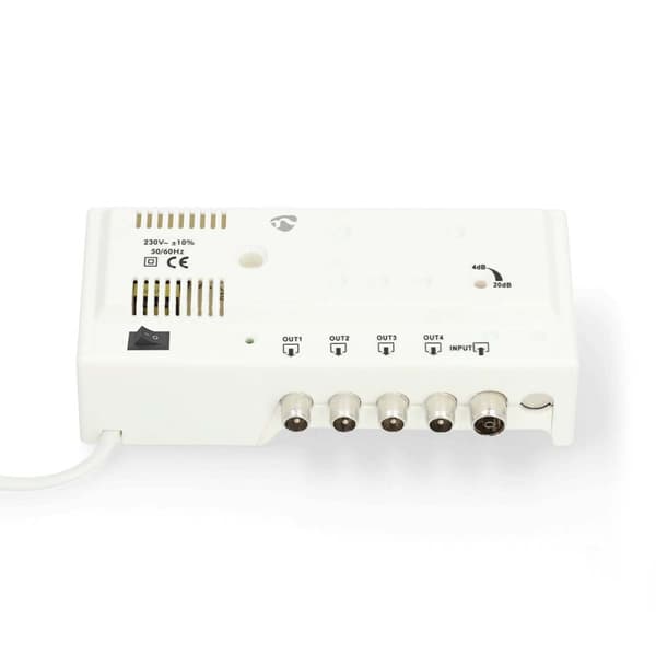 Nedis CATV forstærker | Forstærkning: 20 dB | 47 - 694 MHz | Antal output: 4 | Få kontrol | Hvid