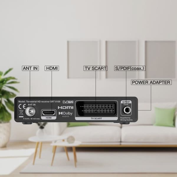 STRONG - TNT-dekoder Full HD 1080p - SRT8109 - USB-inspelare - HEVC265 &amp; Dolby Digital Plus - HDMI, Scart