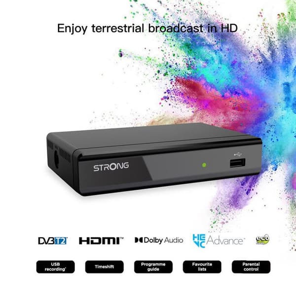 STRONG - TNT-dekoder Full HD 1080p - SRT8109 - USB-inspelare - HEVC265 &amp; Dolby Digital Plus - HDMI, Scart
