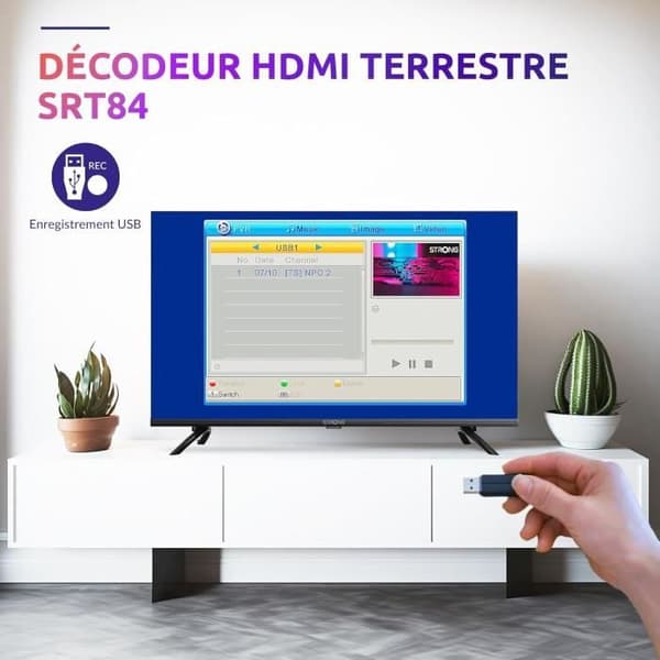TV-dekoder Strong SRT 84 - HDMI-mottagare/DVB-T2-dekoder - Inspelningsfunktion - Kompatibel med standarder HEVC265 &amp; Dolby Audio - Gu