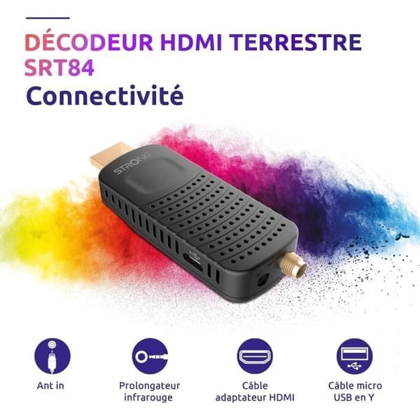 TV-dekoder Strong SRT 84 - HDMI-mottagare/DVB-T2-dekoder - Inspelningsfunktion - Kompatibel med standarder HEVC265 &amp; Dolby Audio - Gu