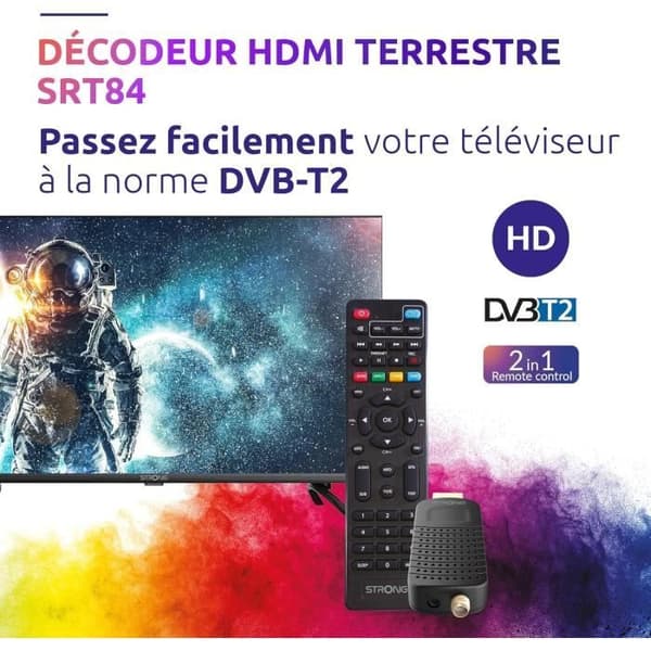 TV-dekoder Strong SRT 84 - HDMI-mottagare/DVB-T2-dekoder - Inspelningsfunktion - Kompatibel med standarder HEVC265 &amp; Dolby Audio - Gu