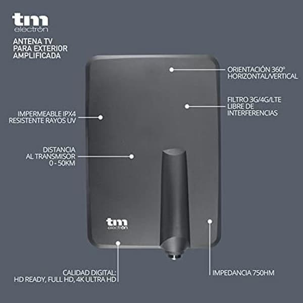 TM Electron tmant015 – Förstärkt TV-antenn för exteriör och interiör, svart färg