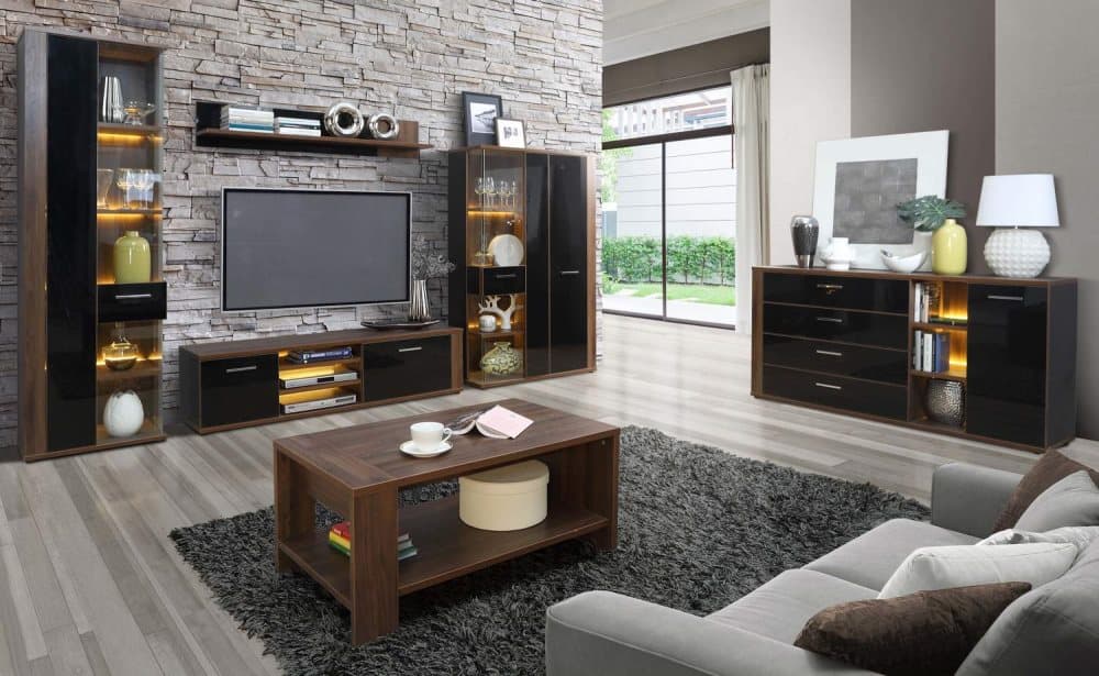 LOMBARDO 315 x198x42 MEDIAMÖBELSET VALNÖT/SVART MED LED