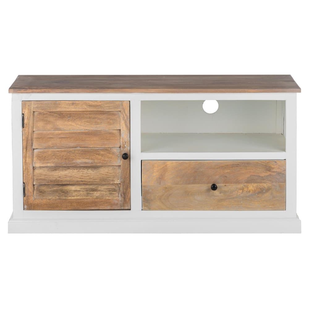 WOMO-DESIGN TV Lowboard Calcutta med låda och skåp 110x35x57cm, Massivt trä mango trä, natur / vit, lantlig stil, tappning, TV skåp TV bord skåp