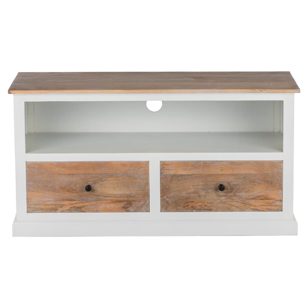 WOMO-DESIGN TV Lowboard Dhaka med 2 lådor 110x45x57 cm, massivt trä mango trä, natur / vit, lantlig stil, tappning, TV skåp TV bord skåp lådor