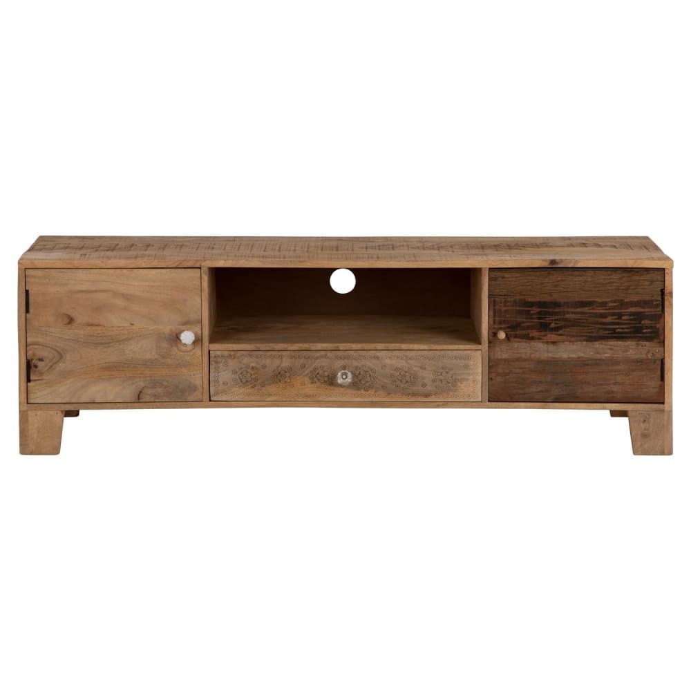 WOMO-DESIGN TV Lowboard 150x45x40 cm med en låda 2 lagringsenheter en hylla, unikt, handgjord, massivt trä mango trä och MDF, TV Board TV möbler