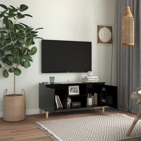 vidaXL TV-benk med ben i heltre svart 103,5x35x50 cm