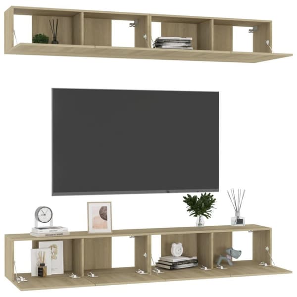 vidaXL TV-benker 4 stk hvit og sonoma eik 100x30x30 cm sponplate