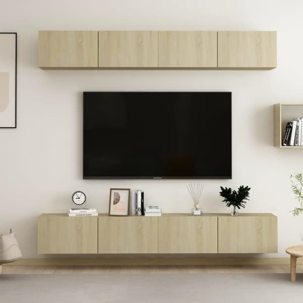 vidaXL TV-benker 4 stk hvit og sonoma eik 100x30x30 cm sponplate