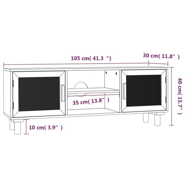 vidaXL tv-bord 105x30x40 cm massivt fyrretræ og naturlig rattan sort