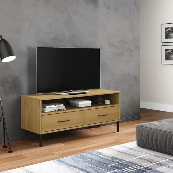 vidaXL tv-bord med metalben OSLO massivt fyrretræ brun