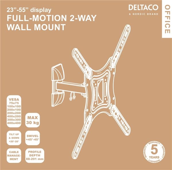 DELTACO Office, full-motion 2-way wall, 23"-55", 30kg, 75x75-400-400