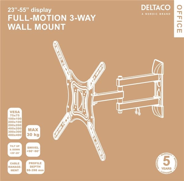 DELTACO Office, full-motion 3-way wall, 23"-55", 30kg, 75x75-400-400