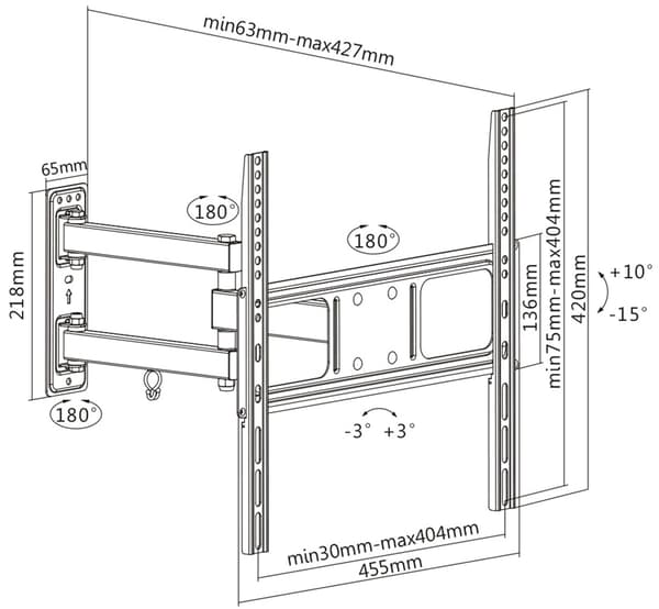 DELTACO, fullbevegelig 3-veis vegg, 32"-55", 35 kg, 200x200-400x400