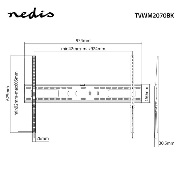 Nedis Fast TV Vægbeslag | 60 - 100 " | Maksimal vægt: 75 kg | Minimum vægafstand: 30.5 mm | Metal / Stål | Sort