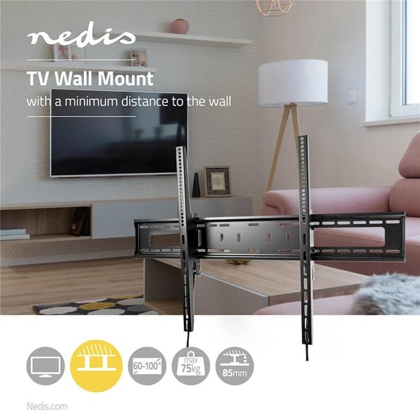 Nedis Tiltbar TV väggfäste | 60 - 100 " | Maximal skärmvikt som stöds: 75 kg | Går att tilta: 5 ° | Minsta väggdistans: 85 mm | Stål | Svart
