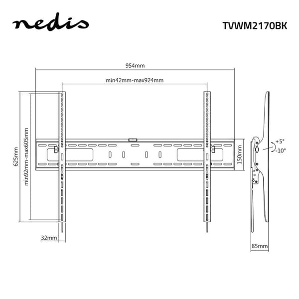 Nedis Tiltbar TV väggfäste | 60 - 100 " | Maximal skärmvikt som stöds: 75 kg | Går att tilta: 5 ° | Minsta väggdistans: 85 mm | Stål | Svart