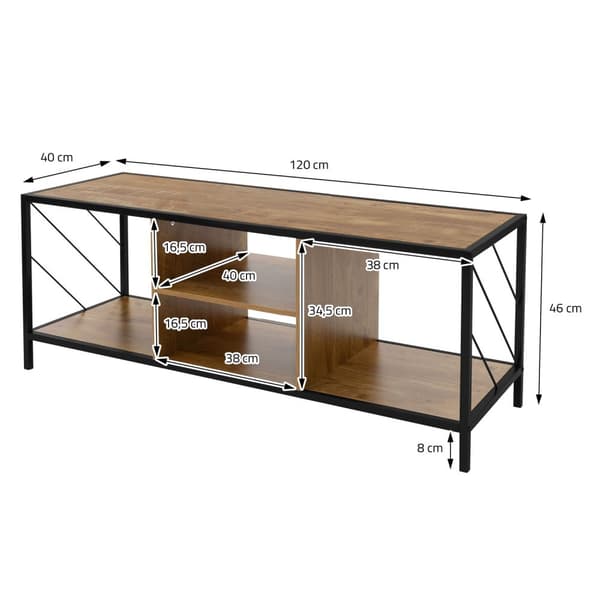 TV-lowboard 120x40 cm med rustik ekdekor och stålram i svart TV-skåp med 4 fack ML-design